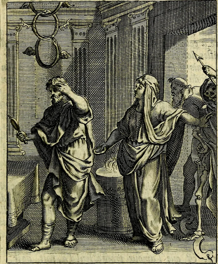 An illustration from Schouwtoneel des menschelyken leevens, of, Lessen der wysheid : uytgedrukt in 103. fraaye konstplaaten, welker zinspeelingen uyt Horatius verzaamellt zyn, 1755, leaf 388