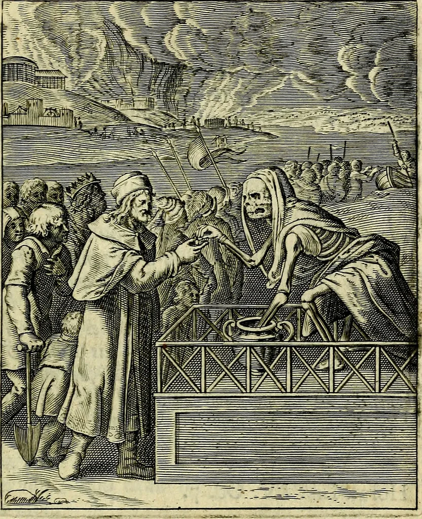 An illustration from Schouwtoneel des menschelyken leevens, of, Lessen der wysheid : uytgedrukt in 103. fraaye konstplaaten, welker zinspeelingen uyt Horatius verzaamellt zyn, 1755, leaf 404