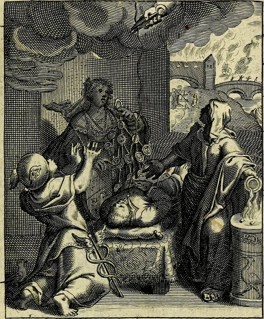 An illustration from Schouwtoneel des menschelyken leevens, of, Lessen der wysheid : uytgedrukt in 103. fraaye konstplaaten, welker zinspeelingen uyt Horatius verzaamellt zyn, 1755, leaf 416