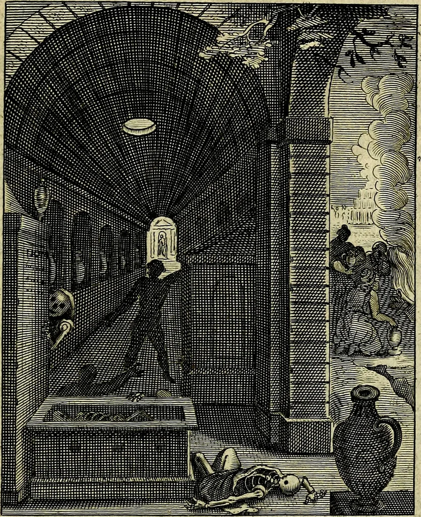 An illustration from Schouwtoneel des menschelyken leevens, of, Lessen der wysheid : uytgedrukt in 103. fraaye konstplaaten, welker zinspeelingen uyt Horatius verzaamellt zyn, 1755, leaf 420