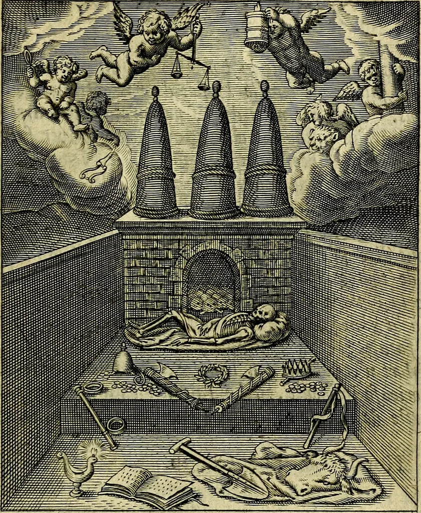 An illustration from Schouwtoneel des menschelyken leevens, of, Lessen der wysheid : uytgedrukt in 103. fraaye konstplaaten, welker zinspeelingen uyt Horatius verzaamellt zyn, 1755, leaf 424