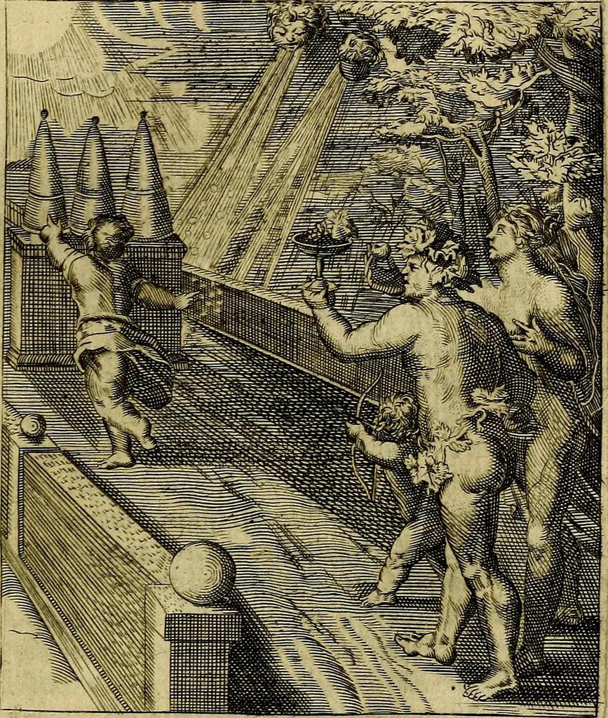 An illustration from Schouwtoneel des menschelyken leevens, of, Lessen der wysheid : uytgedrukt in 103. fraaye konstplaaten, welker zinspeelingen uyt Horatius verzaamellt zyn, 1755, leaf 44