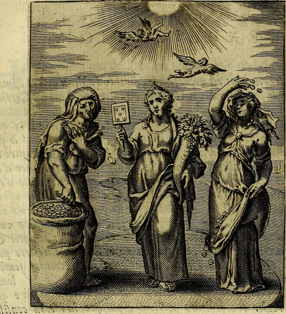 An illustration from Schouwtoneel des menschelyken leevens, of, Lessen der wysheid : uytgedrukt in 103. fraaye konstplaaten, welker zinspeelingen uyt Horatius verzaamellt zyn, 1755, leaf 48