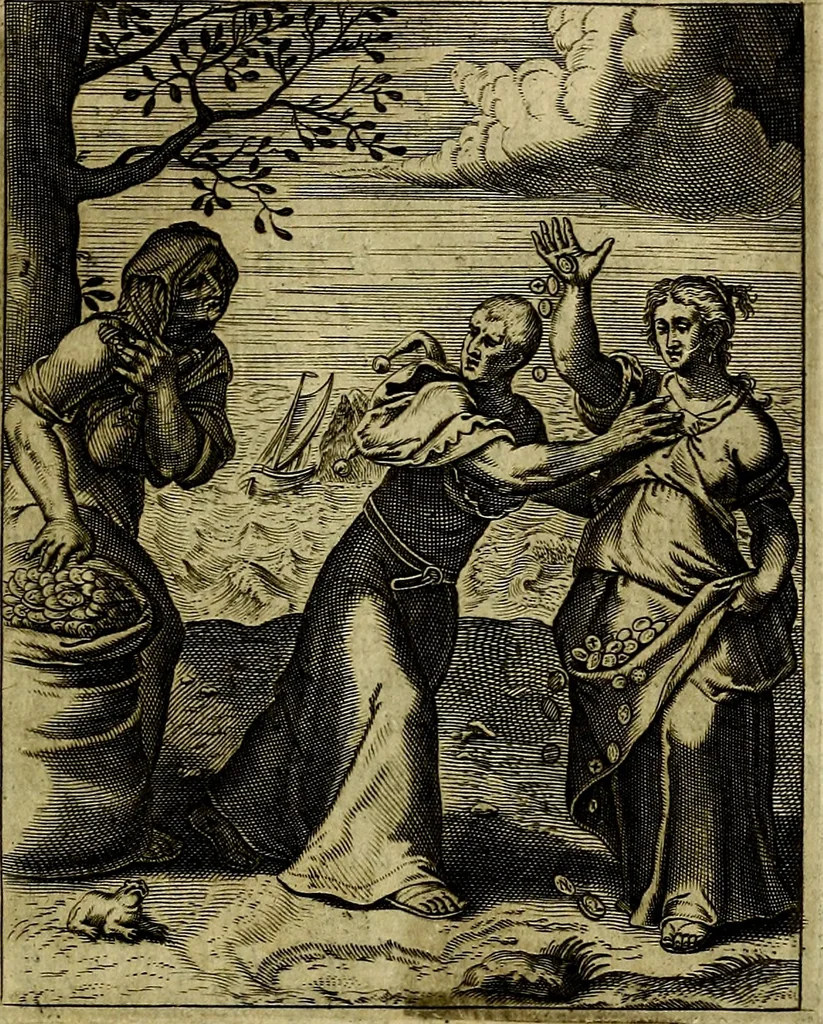An illustration from Schouwtoneel des menschelyken leevens, of, Lessen der wysheid : uytgedrukt in 103. fraaye konstplaaten, welker zinspeelingen uyt Horatius verzaamellt zyn, 1755, leaf 52
