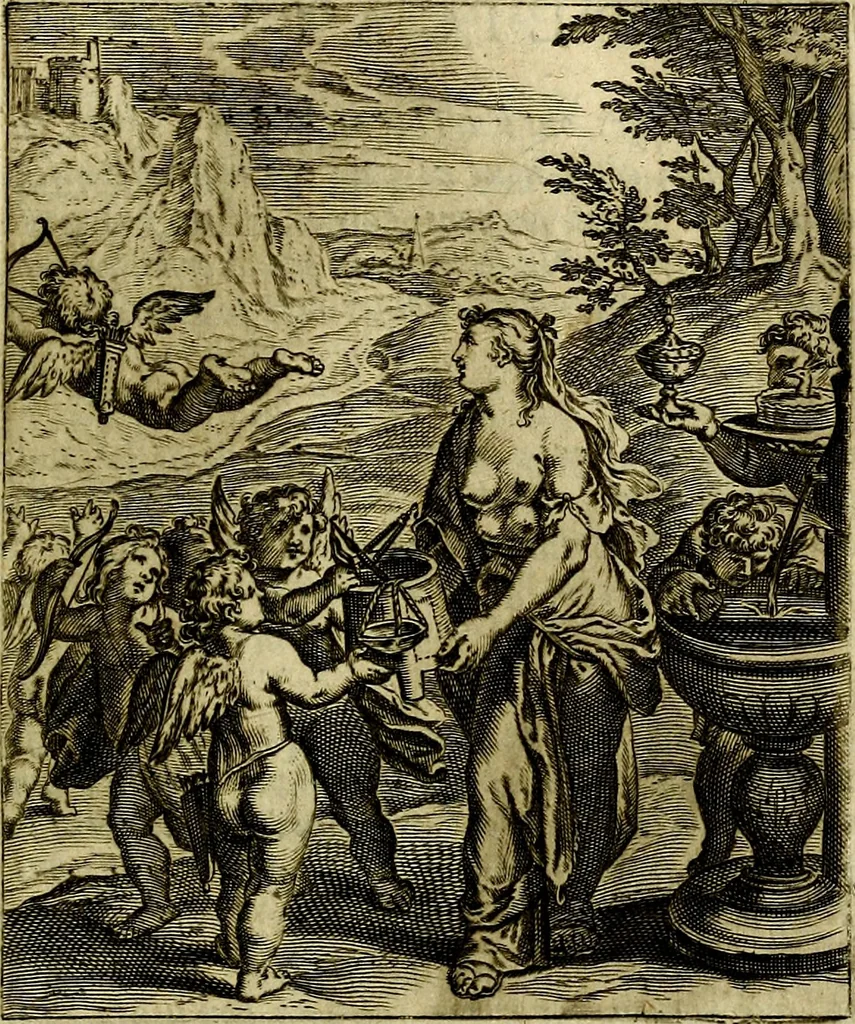 An illustration from Schouwtoneel des menschelyken leevens, of, Lessen der wysheid : uytgedrukt in 103. fraaye konstplaaten, welker zinspeelingen uyt Horatius verzaamellt zyn, 1755, leaf 56