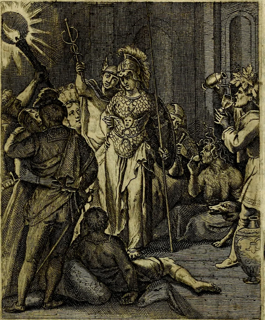 An illustration from Schouwtoneel des menschelyken leevens, of, Lessen der wysheid : uytgedrukt in 103. fraaye konstplaaten, welker zinspeelingen uyt Horatius verzaamellt zyn, 1755, leaf 60