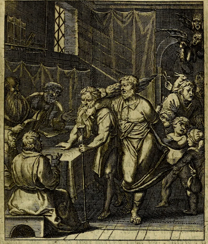 An illustration from Schouwtoneel des menschelyken leevens, of, Lessen der wysheid : uytgedrukt in 103. fraaye konstplaaten, welker zinspeelingen uyt Horatius verzaamellt zyn, 1755, leaf 64
