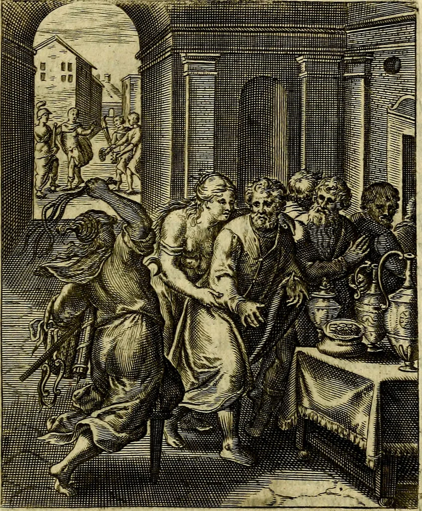 An illustration from Schouwtoneel des menschelyken leevens, of, Lessen der wysheid : uytgedrukt in 103. fraaye konstplaaten, welker zinspeelingen uyt Horatius verzaamellt zyn, 1755, leaf 76