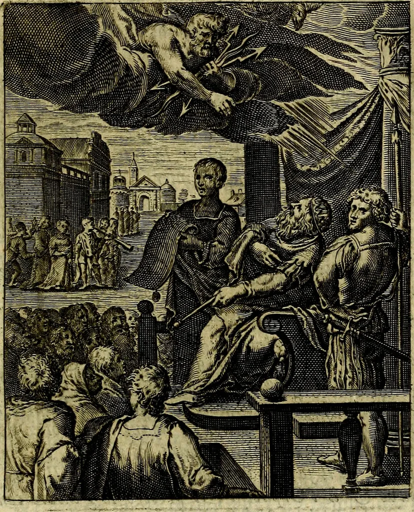 An illustration from Schouwtoneel des menschelyken leevens, of, Lessen der wysheid : uytgedrukt in 103. fraaye konstplaaten, welker zinspeelingen uyt Horatius verzaamellt zyn, 1755, leaf 80