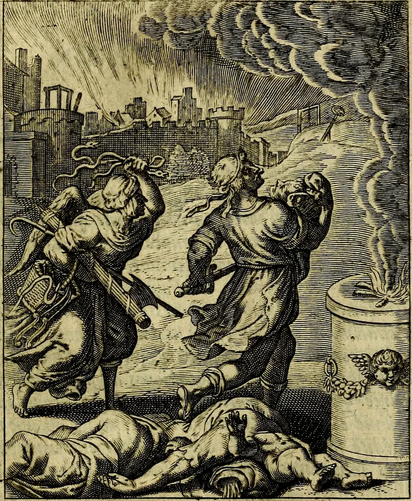 An illustration from Schouwtoneel des menschelyken leevens, of, Lessen der wysheid : uytgedrukt in 103. fraaye konstplaaten, welker zinspeelingen uyt Horatius verzaamellt zyn, 1755, leaf 92
