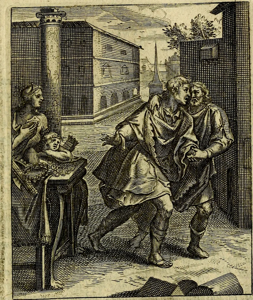 An illustration from Schouwtoneel des menschelyken leevens, of, Lessen der wysheid : uytgedrukt in 103. fraaye konstplaaten, welker zinspeelingen uyt Horatius verzaamellt zyn, 1755, leaf 96