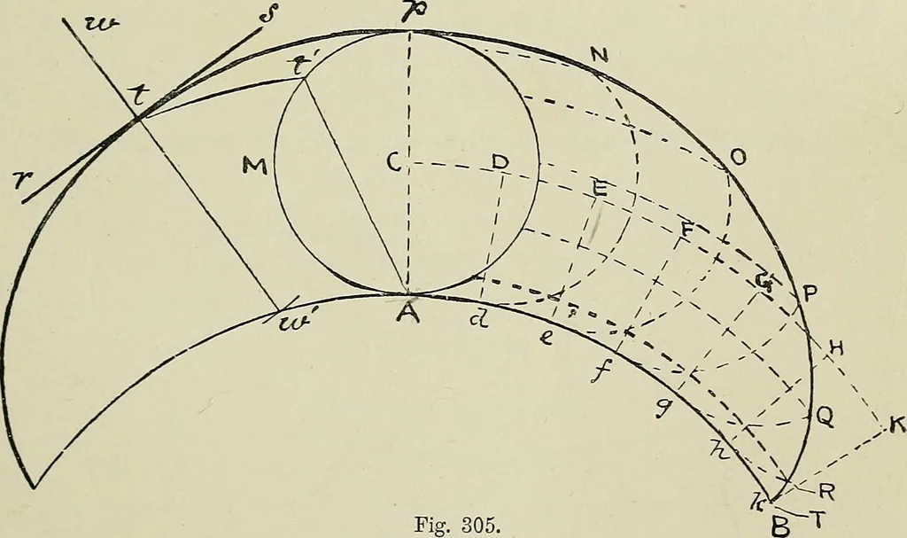 An illustration from Science and art drawing : complete geometrical course ; consisting of plane and solid geometry, orthographic and isometric projection, projection of shadow's the principles of map projection, graphic arithmetic and graphic statics, 1895, leaf 190