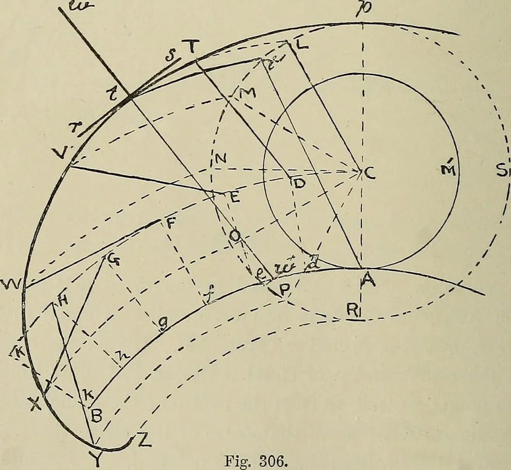 An illustration from Science and art drawing : complete geometrical course ; consisting of plane and solid geometry, orthographic and isometric projection, projection of shadow's the principles of map projection, graphic arithmetic and graphic statics, 1895, leaf 191