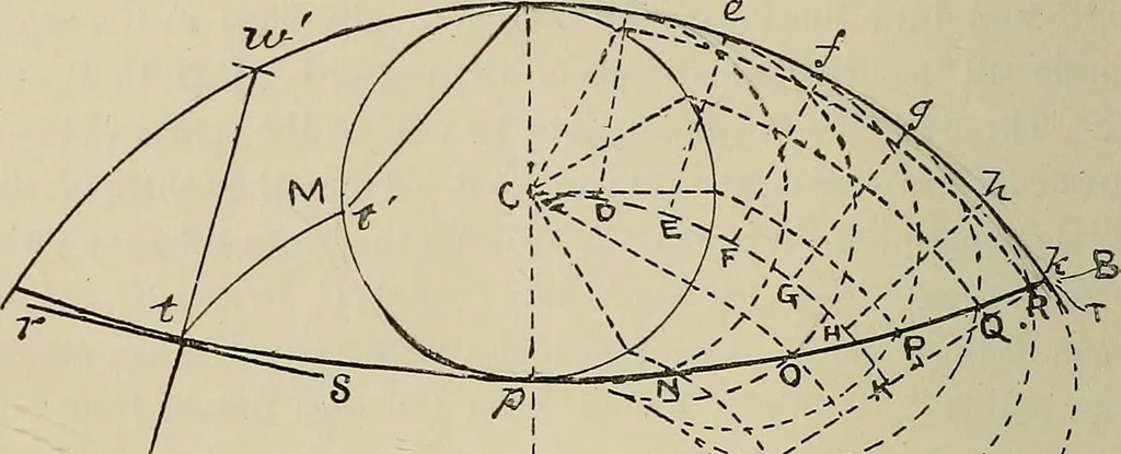 An illustration from Science and art drawing : complete geometrical course ; consisting of plane and solid geometry, orthographic and isometric projection, projection of shadow's the principles of map projection, graphic arithmetic and graphic statics, 1895, leaf 193