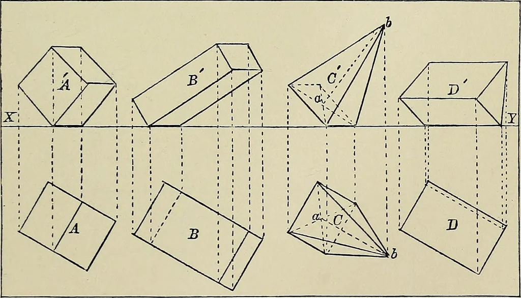 An illustration from Science and art drawing : complete geometrical course ; consisting of plane and solid geometry, orthographic and isometric projection, projection of shadow's the principles of map projection, graphic arithmetic and graphic statics, 1895, leaf 228