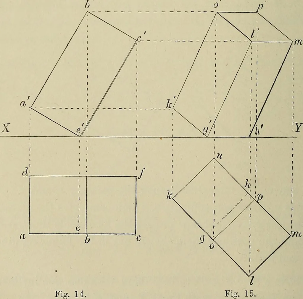 An illustration from Science and art drawing : complete geometrical course ; consisting of plane and solid geometry, orthographic and isometric projection, projection of shadow's the principles of map projection, graphic arithmetic and graphic statics, 1895, leaf 233