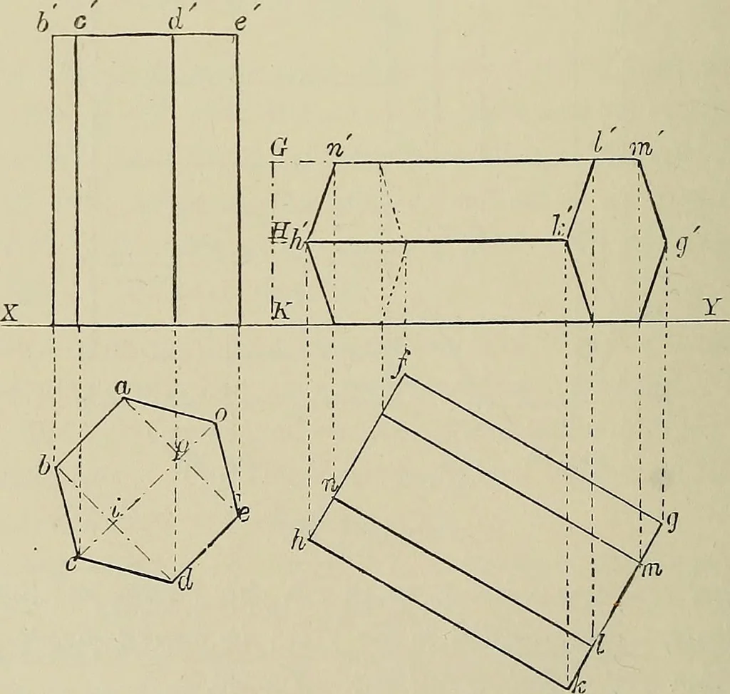 An illustration from Science and art drawing : complete geometrical course ; consisting of plane and solid geometry, orthographic and isometric projection, projection of shadow's the principles of map projection, graphic arithmetic and graphic statics, 1895, leaf 239