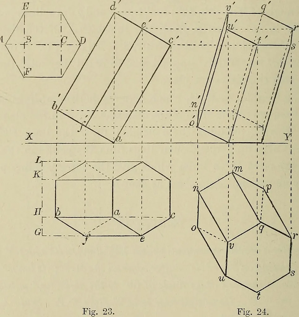 An illustration from Science and art drawing : complete geometrical course ; consisting of plane and solid geometry, orthographic and isometric projection, projection of shadow's the principles of map projection, graphic arithmetic and graphic statics, 1895, leaf 241