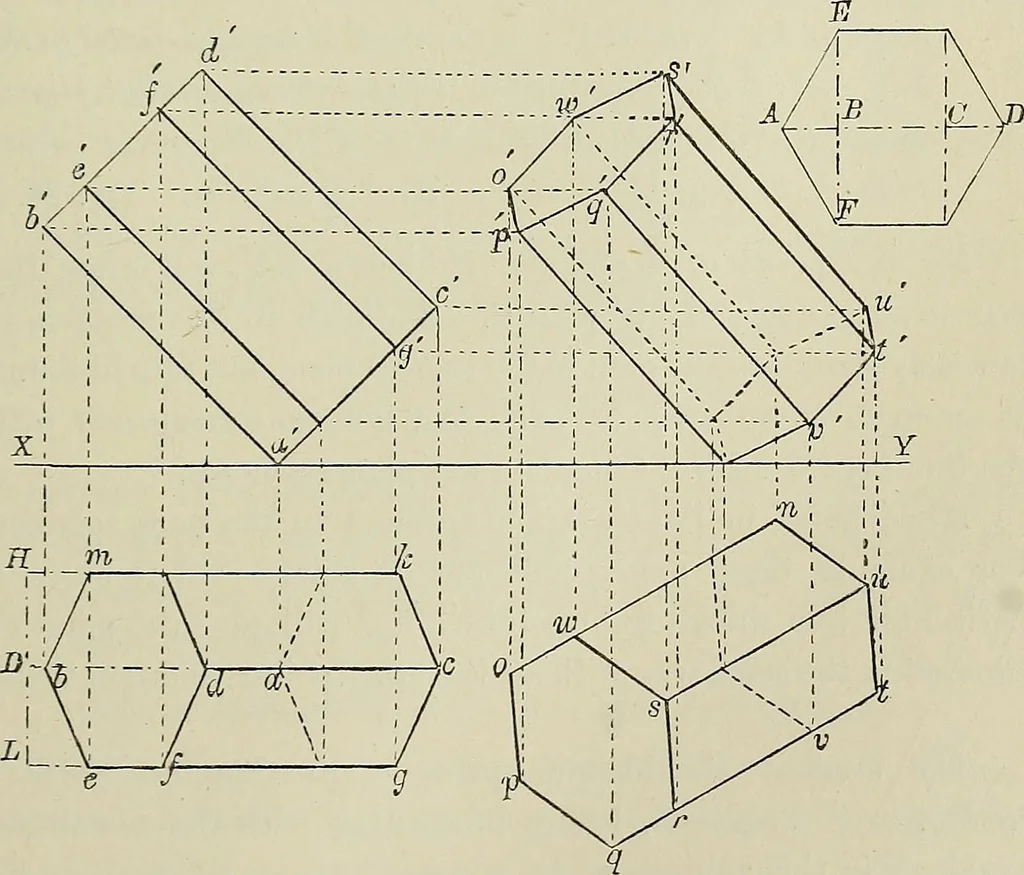 An illustration from Science and art drawing : complete geometrical course ; consisting of plane and solid geometry, orthographic and isometric projection, projection of shadow's the principles of map projection, graphic arithmetic and graphic statics, 1895, leaf 242