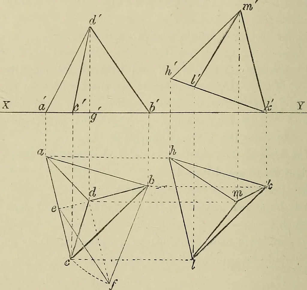 An illustration from Science and art drawing : complete geometrical course ; consisting of plane and solid geometry, orthographic and isometric projection, projection of shadow's the principles of map projection, graphic arithmetic and graphic statics, 1895, leaf 245