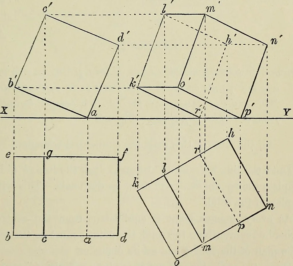 An illustration from Science and art drawing : complete geometrical course ; consisting of plane and solid geometry, orthographic and isometric projection, projection of shadow's the principles of map projection, graphic arithmetic and graphic statics, 1895, leaf 246