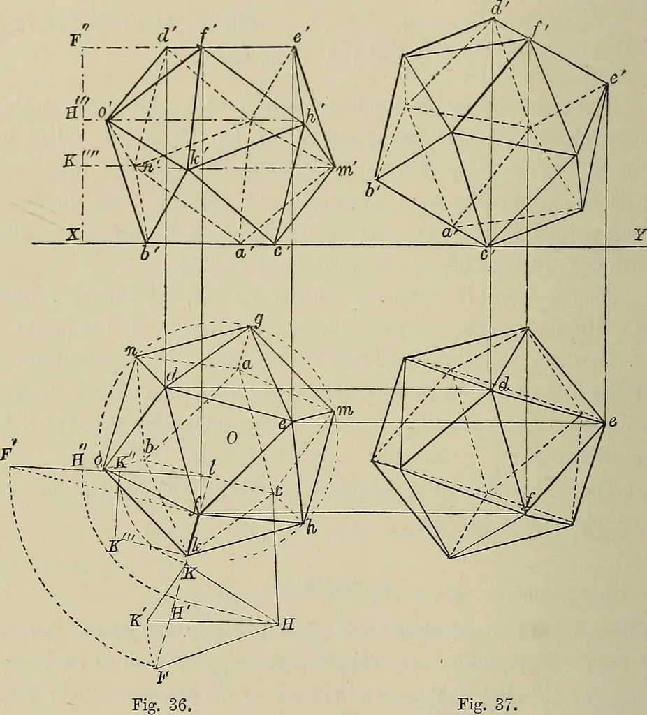 An illustration from Science and art drawing : complete geometrical course ; consisting of plane and solid geometry, orthographic and isometric projection, projection of shadow's the principles of map projection, graphic arithmetic and graphic statics, 1895, leaf 253