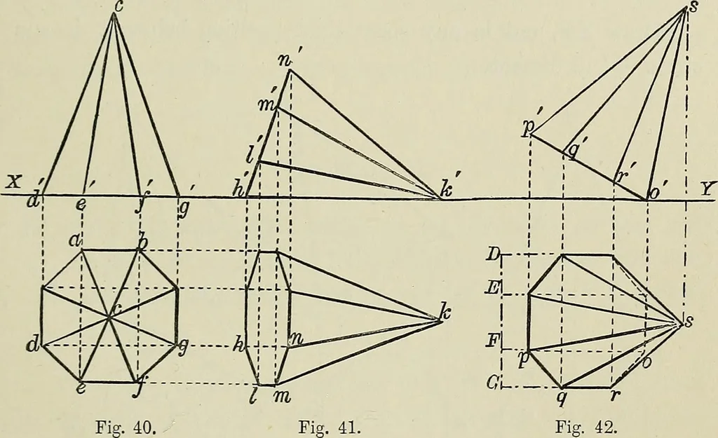 An illustration from Science and art drawing : complete geometrical course ; consisting of plane and solid geometry, orthographic and isometric projection, projection of shadow's the principles of map projection, graphic arithmetic and graphic statics, 1895, leaf 258