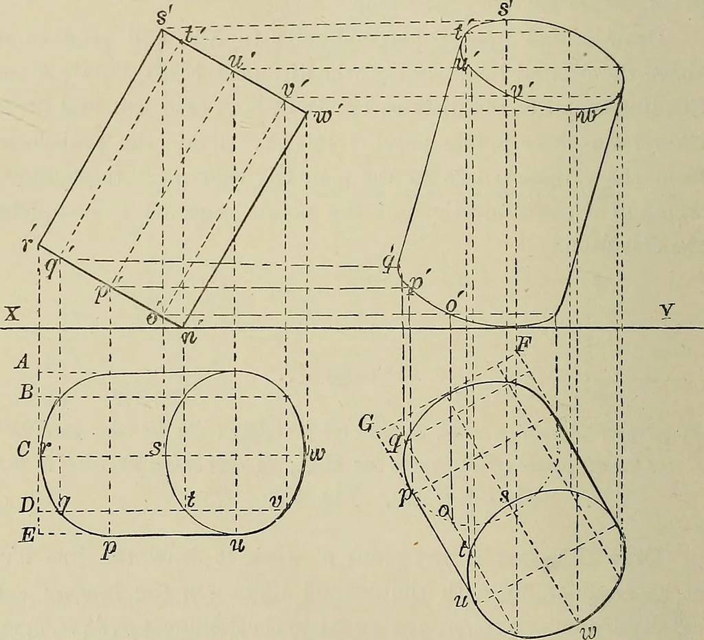 An illustration from Science and art drawing : complete geometrical course ; consisting of plane and solid geometry, orthographic and isometric projection, projection of shadow's the principles of map projection, graphic arithmetic and graphic statics, 1895, leaf 263