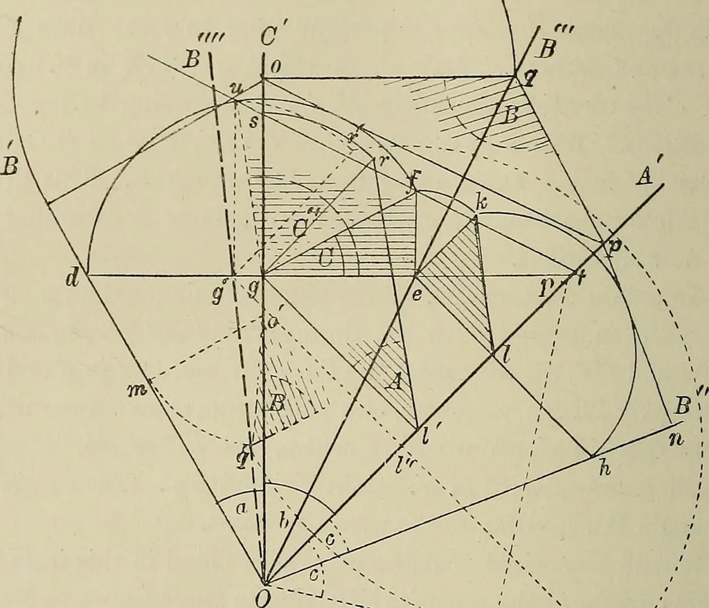 An illustration from Science and art drawing : complete geometrical course ; consisting of plane and solid geometry, orthographic and isometric projection, projection of shadow's the principles of map projection, graphic arithmetic and graphic statics, 1895, leaf 277