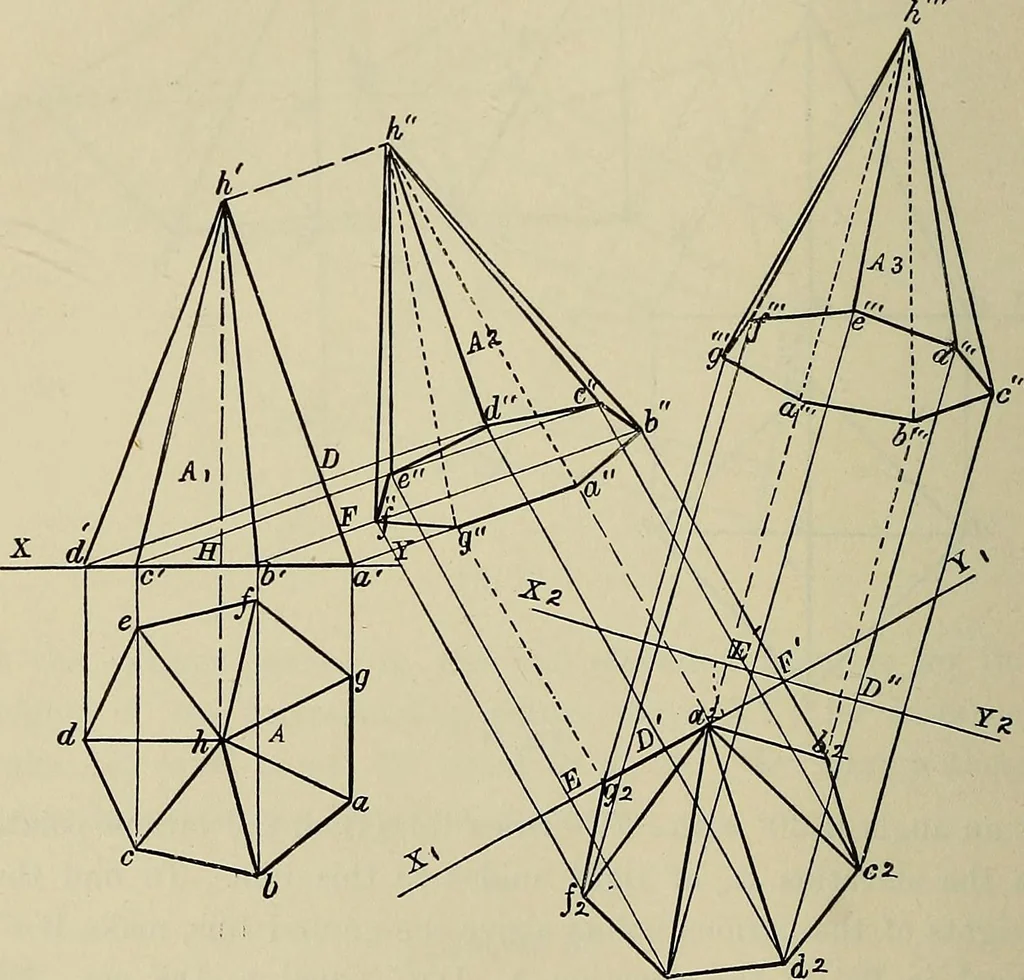 An illustration from Science and art drawing : complete geometrical course ; consisting of plane and solid geometry, orthographic and isometric projection, projection of shadow's the principles of map projection, graphic arithmetic and graphic statics, 1895, leaf 293