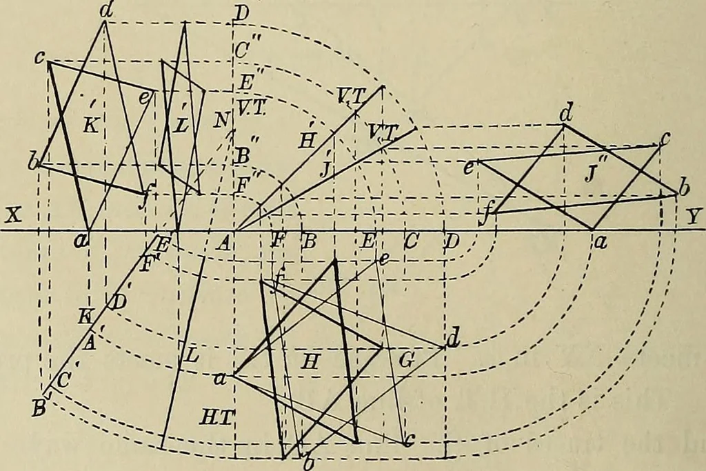 An illustration from Science and art drawing : complete geometrical course ; consisting of plane and solid geometry, orthographic and isometric projection, projection of shadow's the principles of map projection, graphic arithmetic and graphic statics, 1895, leaf 351
