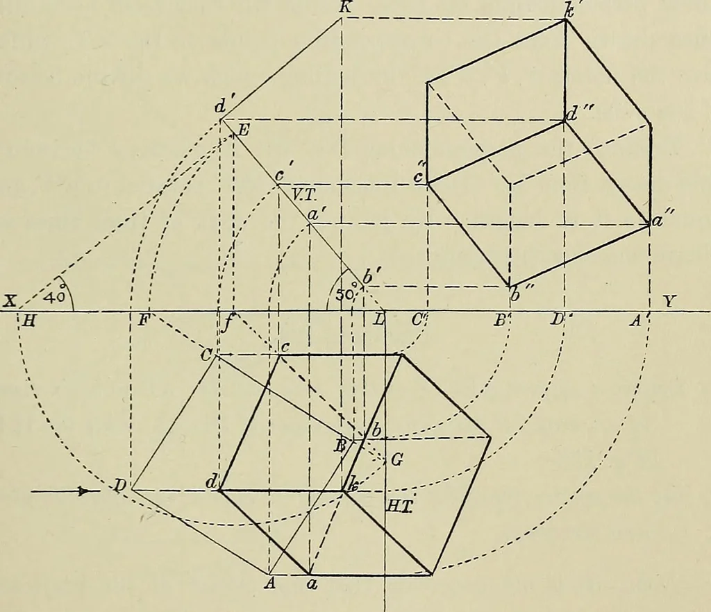 An illustration from Science and art drawing : complete geometrical course ; consisting of plane and solid geometry, orthographic and isometric projection, projection of shadow's the principles of map projection, graphic arithmetic and graphic statics, 1895, leaf 358