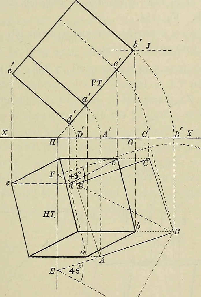 An illustration from Science and art drawing : complete geometrical course ; consisting of plane and solid geometry, orthographic and isometric projection, projection of shadow's the principles of map projection, graphic arithmetic and graphic statics, 1895, leaf 360
