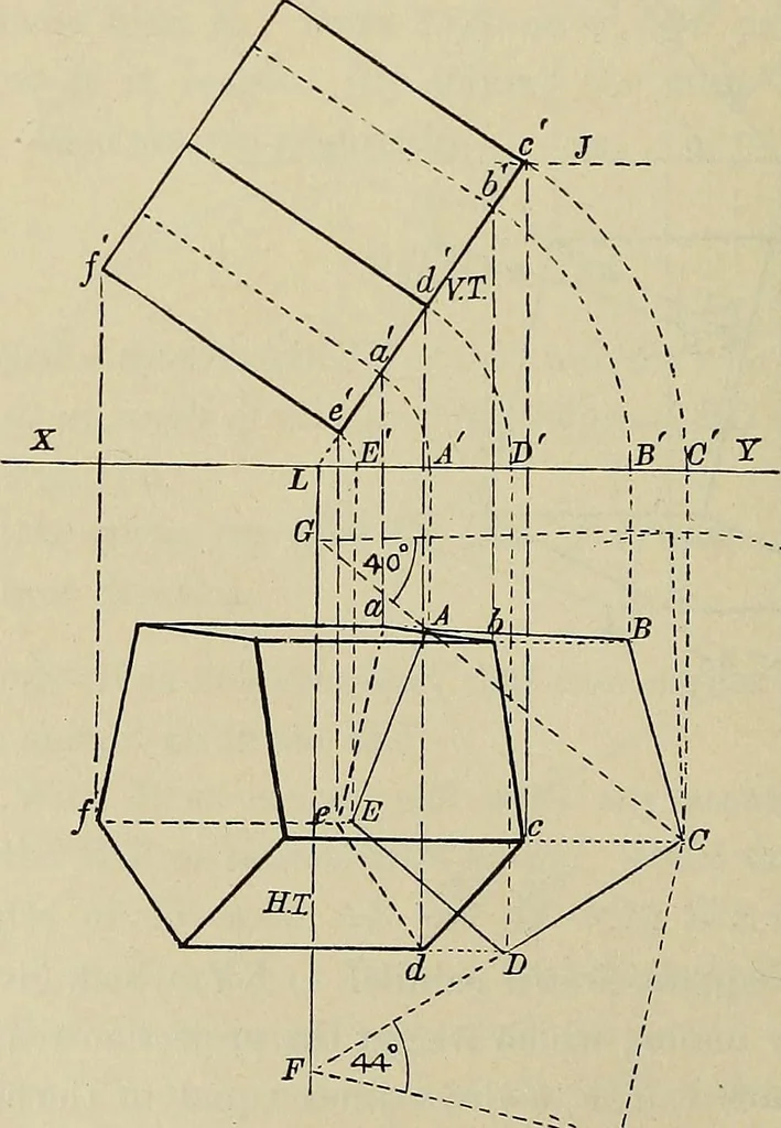 An illustration from Science and art drawing : complete geometrical course ; consisting of plane and solid geometry, orthographic and isometric projection, projection of shadow's the principles of map projection, graphic arithmetic and graphic statics, 1895, leaf 361