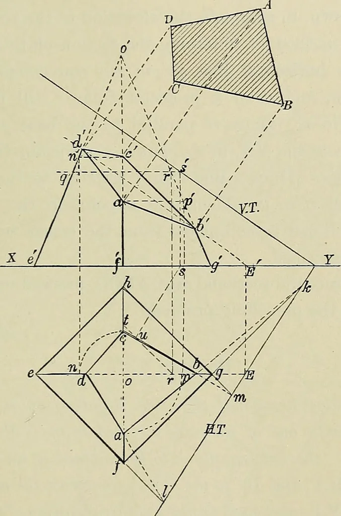 An illustration from Science and art drawing : complete geometrical course ; consisting of plane and solid geometry, orthographic and isometric projection, projection of shadow's the principles of map projection, graphic arithmetic and graphic statics, 1895, leaf 370