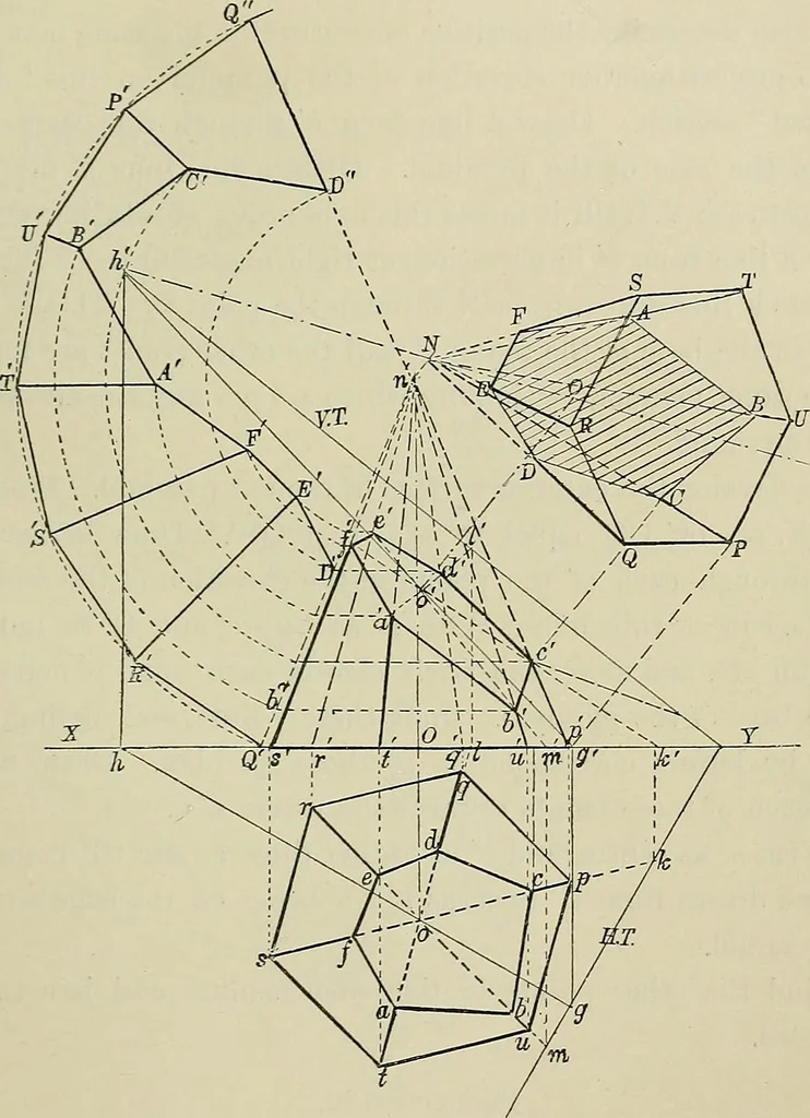 An illustration from Science and art drawing : complete geometrical course ; consisting of plane and solid geometry, orthographic and isometric projection, projection of shadow's the principles of map projection, graphic arithmetic and graphic statics, 1895, leaf 372
