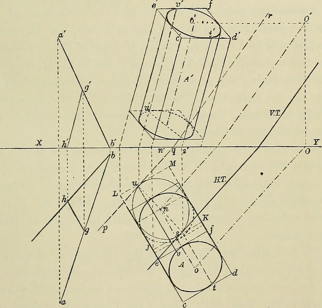 An illustration from Science and art drawing : complete geometrical course ; consisting of plane and solid geometry, orthographic and isometric projection, projection of shadow's the principles of map projection, graphic arithmetic and graphic statics, 1895, leaf 394