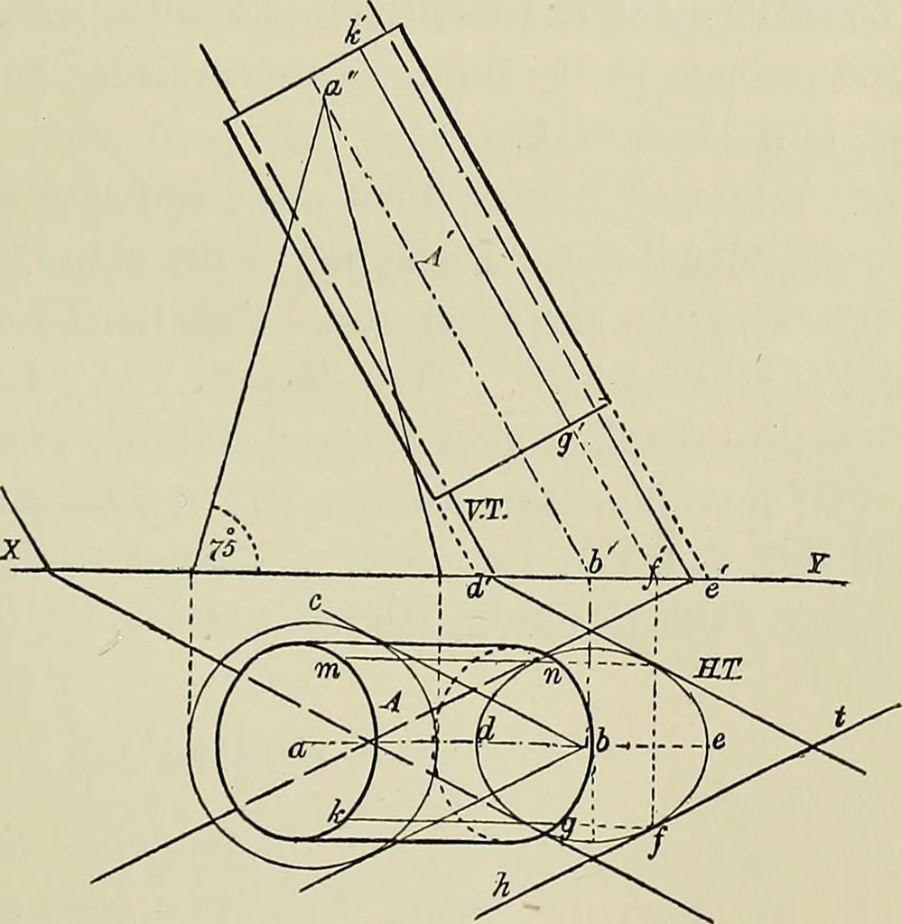 An illustration from Science and art drawing : complete geometrical course ; consisting of plane and solid geometry, orthographic and isometric projection, projection of shadow's the principles of map projection, graphic arithmetic and graphic statics, 1895, leaf 396