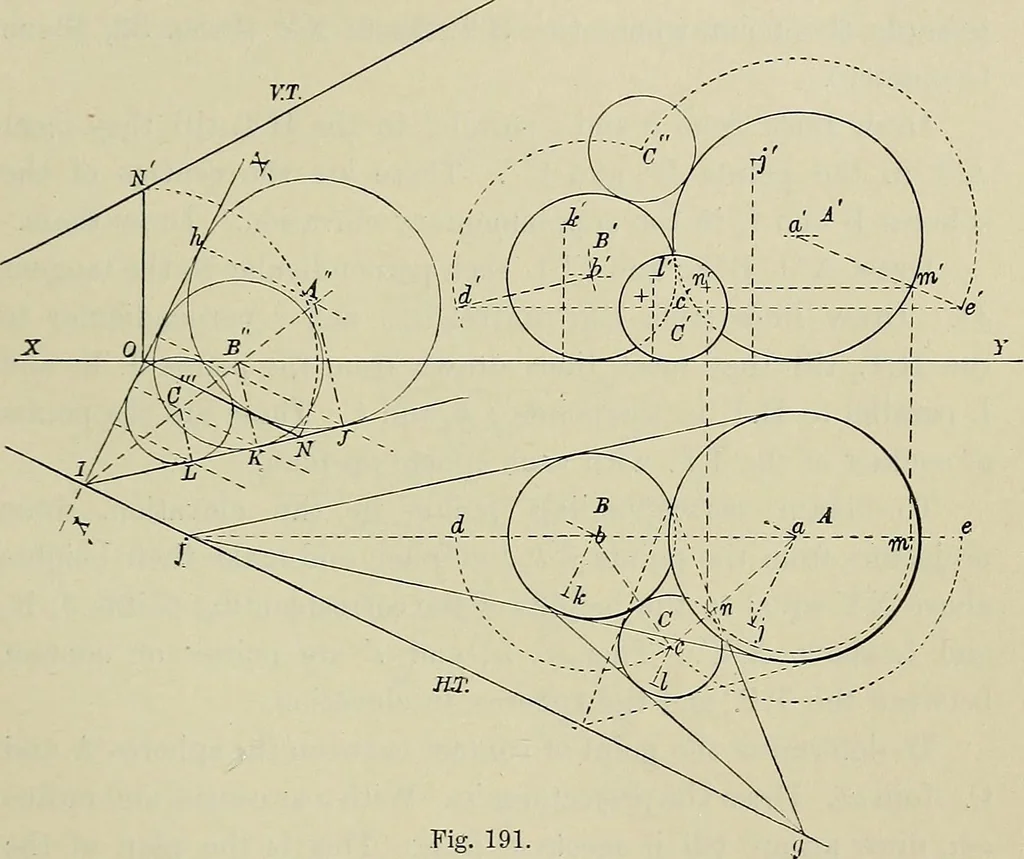 An illustration from Science and art drawing : complete geometrical course ; consisting of plane and solid geometry, orthographic and isometric projection, projection of shadow's the principles of map projection, graphic arithmetic and graphic statics, 1895, leaf 416