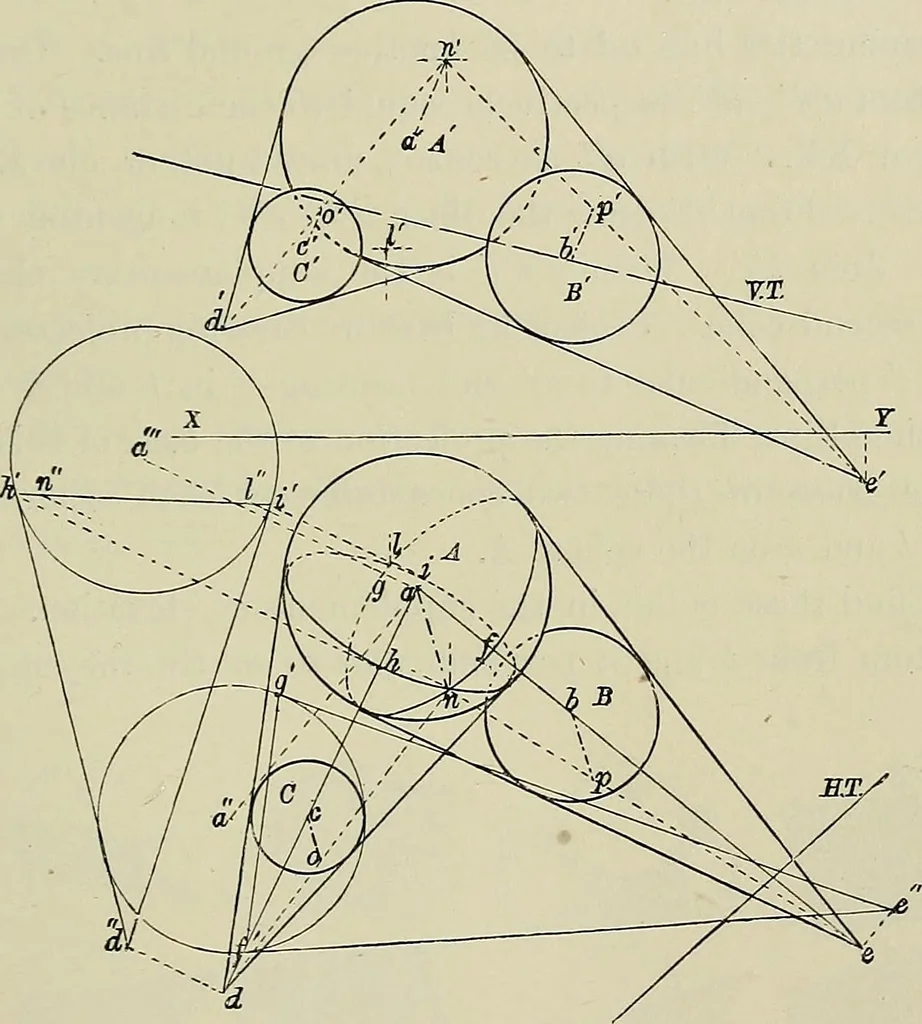 An illustration from Science and art drawing : complete geometrical course ; consisting of plane and solid geometry, orthographic and isometric projection, projection of shadow's the principles of map projection, graphic arithmetic and graphic statics, 1895, leaf 420