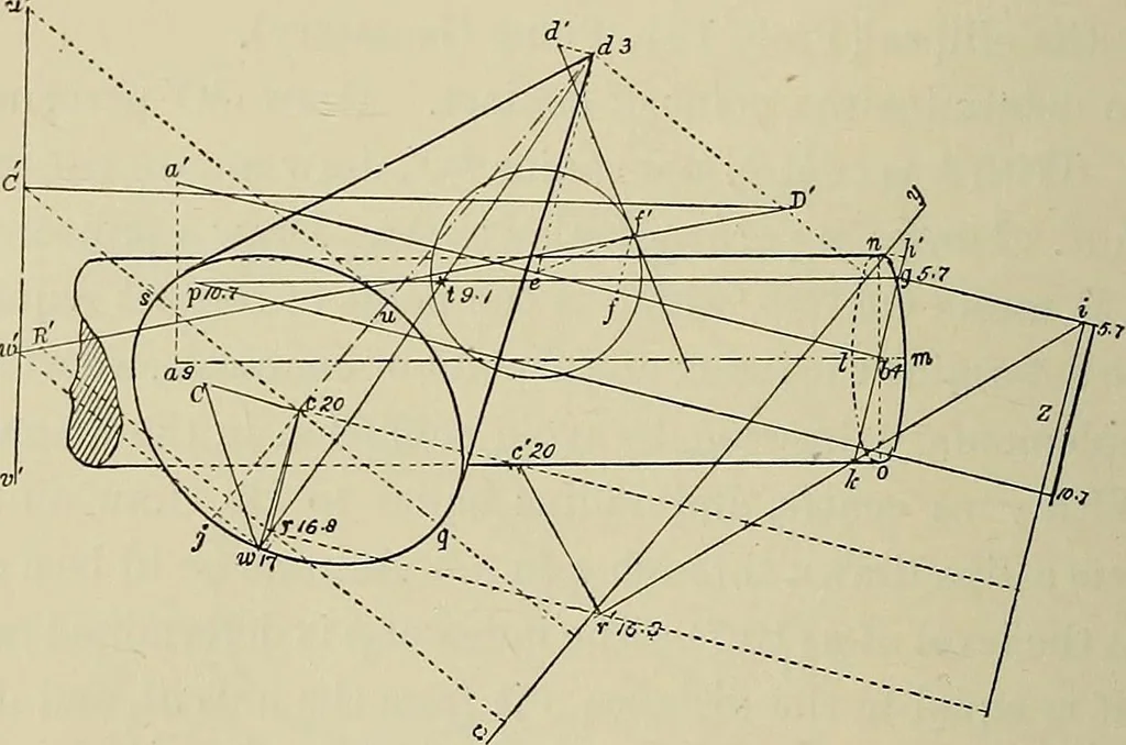 An illustration from Science and art drawing : complete geometrical course ; consisting of plane and solid geometry, orthographic and isometric projection, projection of shadow's the principles of map projection, graphic arithmetic and graphic statics, 1895, leaf 451