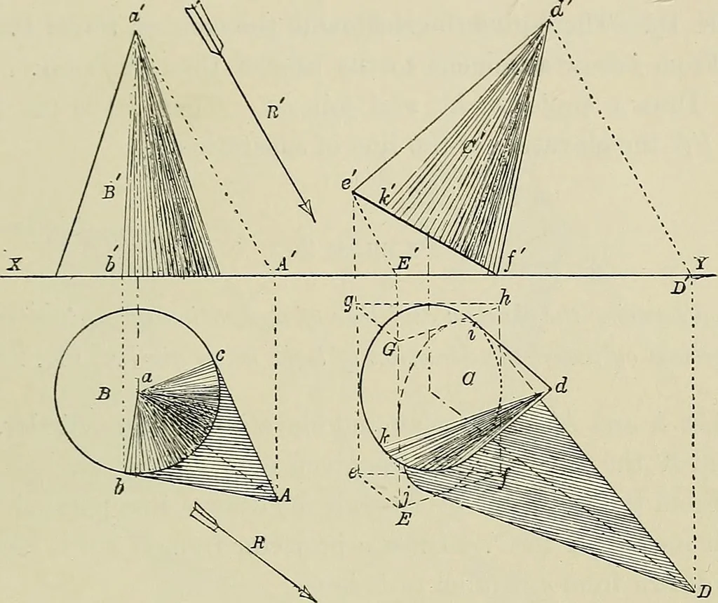 An illustration from Science and art drawing : complete geometrical course ; consisting of plane and solid geometry, orthographic and isometric projection, projection of shadow's the principles of map projection, graphic arithmetic and graphic statics, 1895, leaf 468