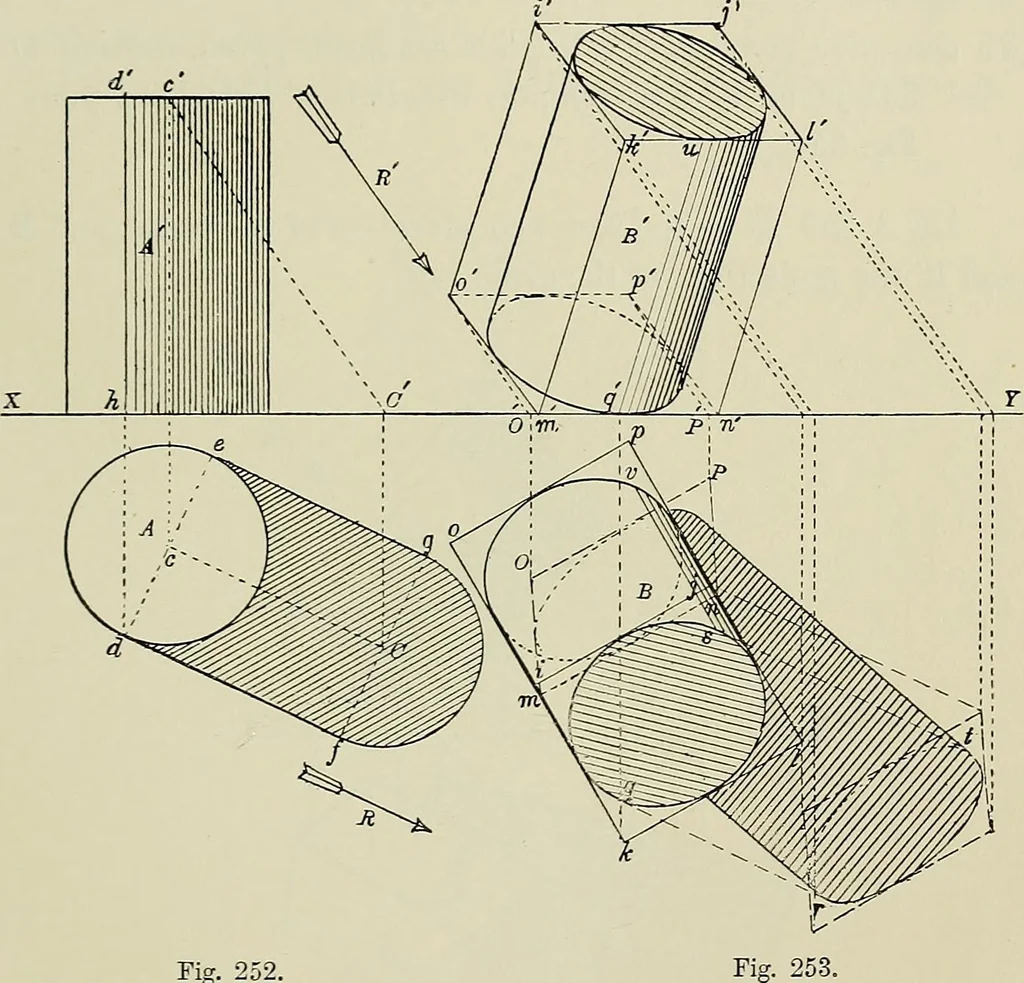 An illustration from Science and art drawing : complete geometrical course ; consisting of plane and solid geometry, orthographic and isometric projection, projection of shadow's the principles of map projection, graphic arithmetic and graphic statics, 1895, leaf 470