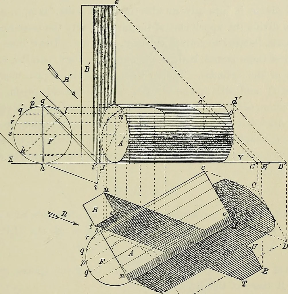 An illustration from Science and art drawing : complete geometrical course ; consisting of plane and solid geometry, orthographic and isometric projection, projection of shadow's the principles of map projection, graphic arithmetic and graphic statics, 1895, leaf 476