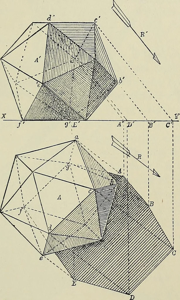An illustration from Science and art drawing : complete geometrical course ; consisting of plane and solid geometry, orthographic and isometric projection, projection of shadow's the principles of map projection, graphic arithmetic and graphic statics, 1895, leaf 480
