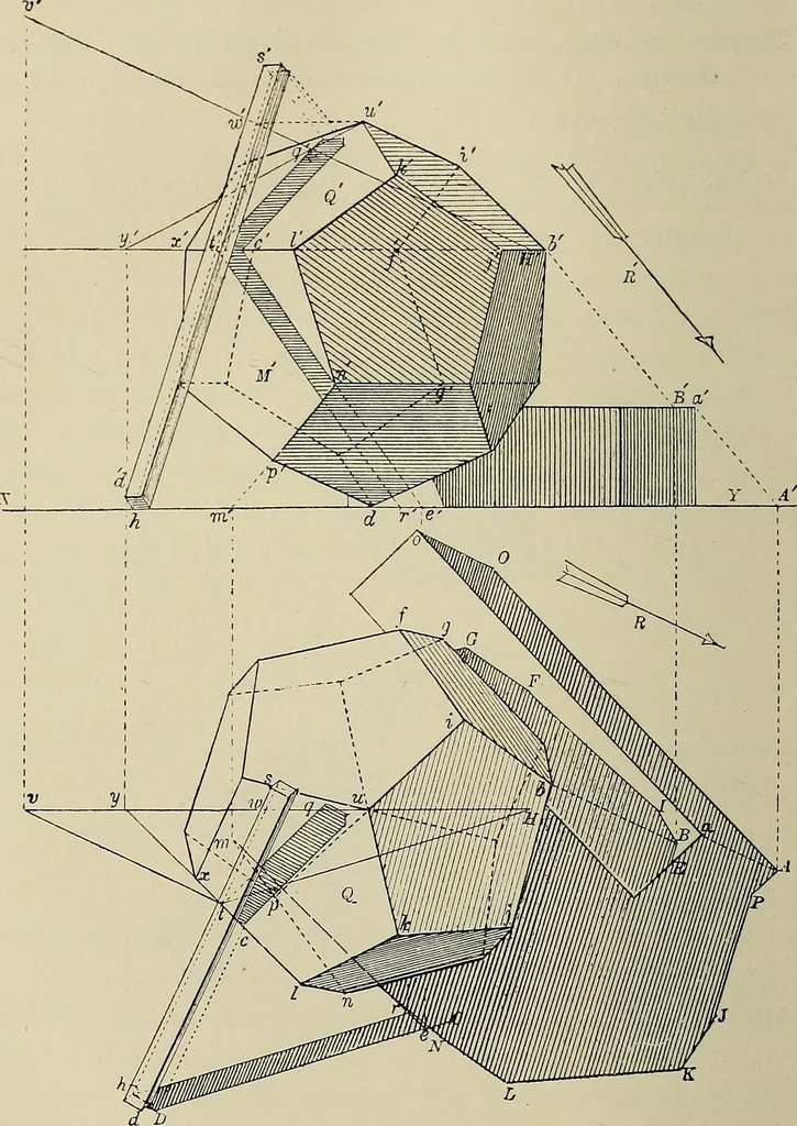 An illustration from Science and art drawing : complete geometrical course ; consisting of plane and solid geometry, orthographic and isometric projection, projection of shadow's the principles of map projection, graphic arithmetic and graphic statics, 1895, leaf 481