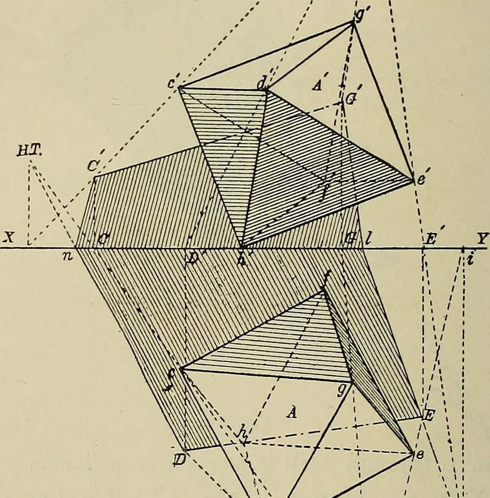 An illustration from Science and art drawing : complete geometrical course ; consisting of plane and solid geometry, orthographic and isometric projection, projection of shadow's the principles of map projection, graphic arithmetic and graphic statics, 1895, leaf 487