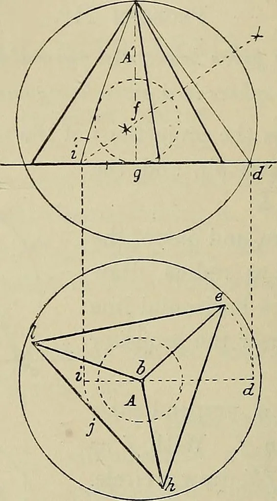 An illustration from Science and art drawing : complete geometrical course ; consisting of plane and solid geometry, orthographic and isometric projection, projection of shadow's the principles of map projection, graphic arithmetic and graphic statics, 1895, leaf 493