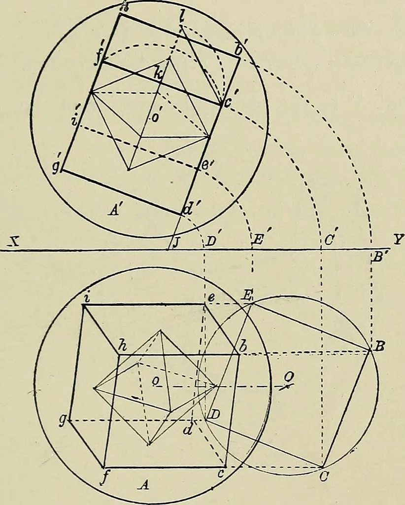 An illustration from Science and art drawing : complete geometrical course ; consisting of plane and solid geometry, orthographic and isometric projection, projection of shadow's the principles of map projection, graphic arithmetic and graphic statics, 1895, leaf 496
