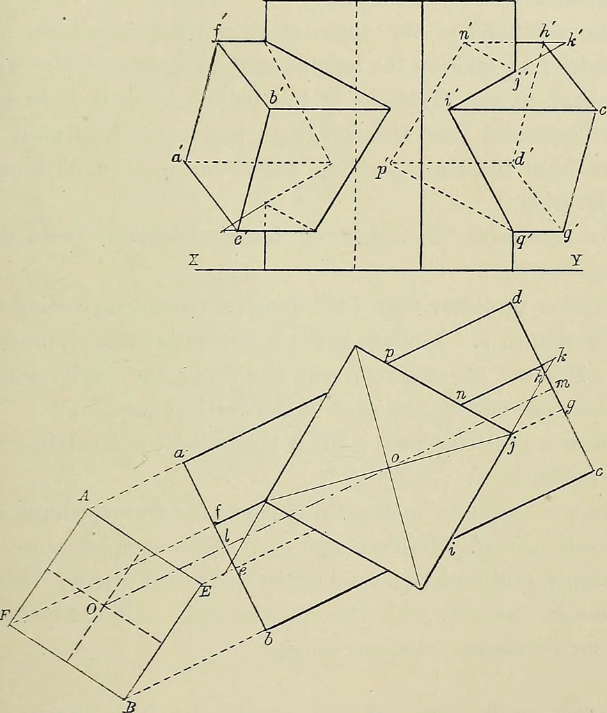 An illustration from Science and art drawing : complete geometrical course ; consisting of plane and solid geometry, orthographic and isometric projection, projection of shadow's the principles of map projection, graphic arithmetic and graphic statics, 1895, leaf 500